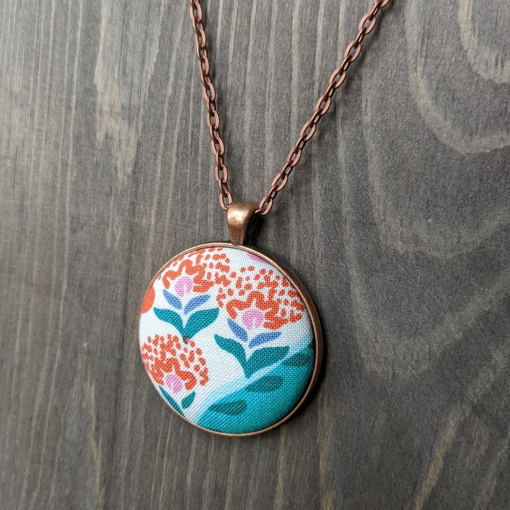 Fabric Cabochon Necklace with Orange & Teal Floral Pattern